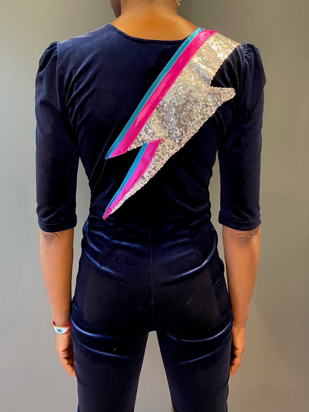 Blue Velvet Jumpsuit with Bowie's iconic zap in sequins - close up