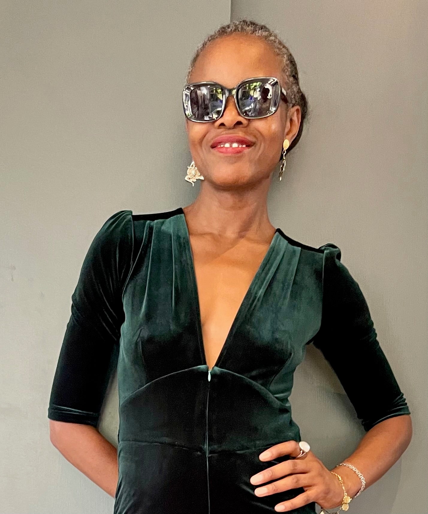 Green Velvet Jumpsuit - front view close up