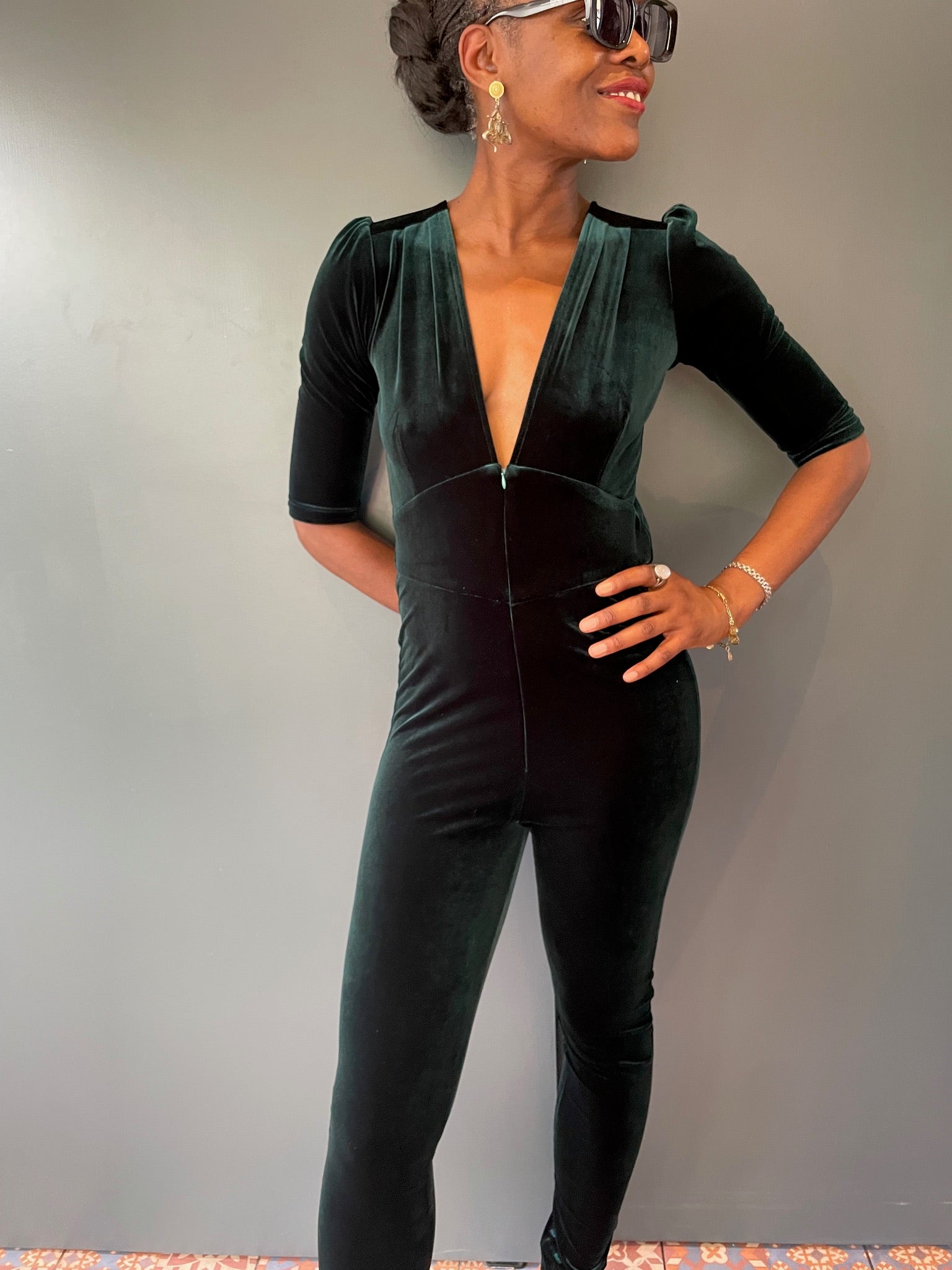Green Velvet Jumpsuit - front view