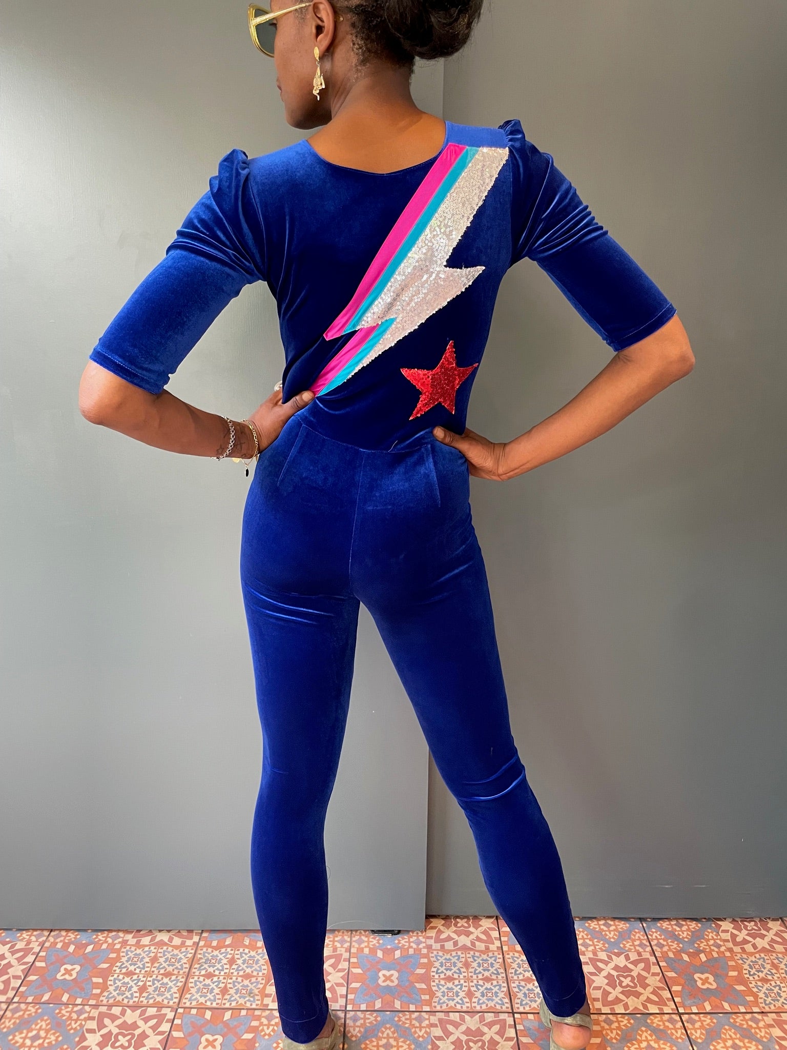 Electric Blue Jumpsuit with David Bowie lightning bolt detail - back view 