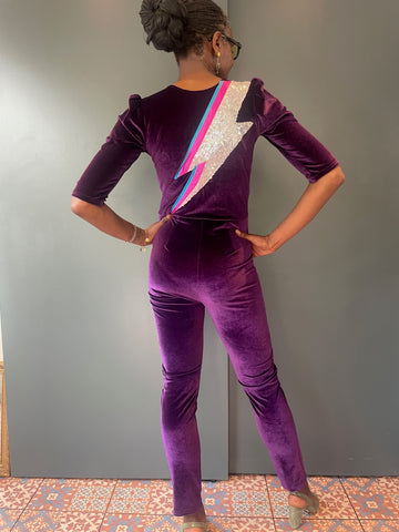 Ziggy Jumpsuit in Purple Velvet with Sequin Zap