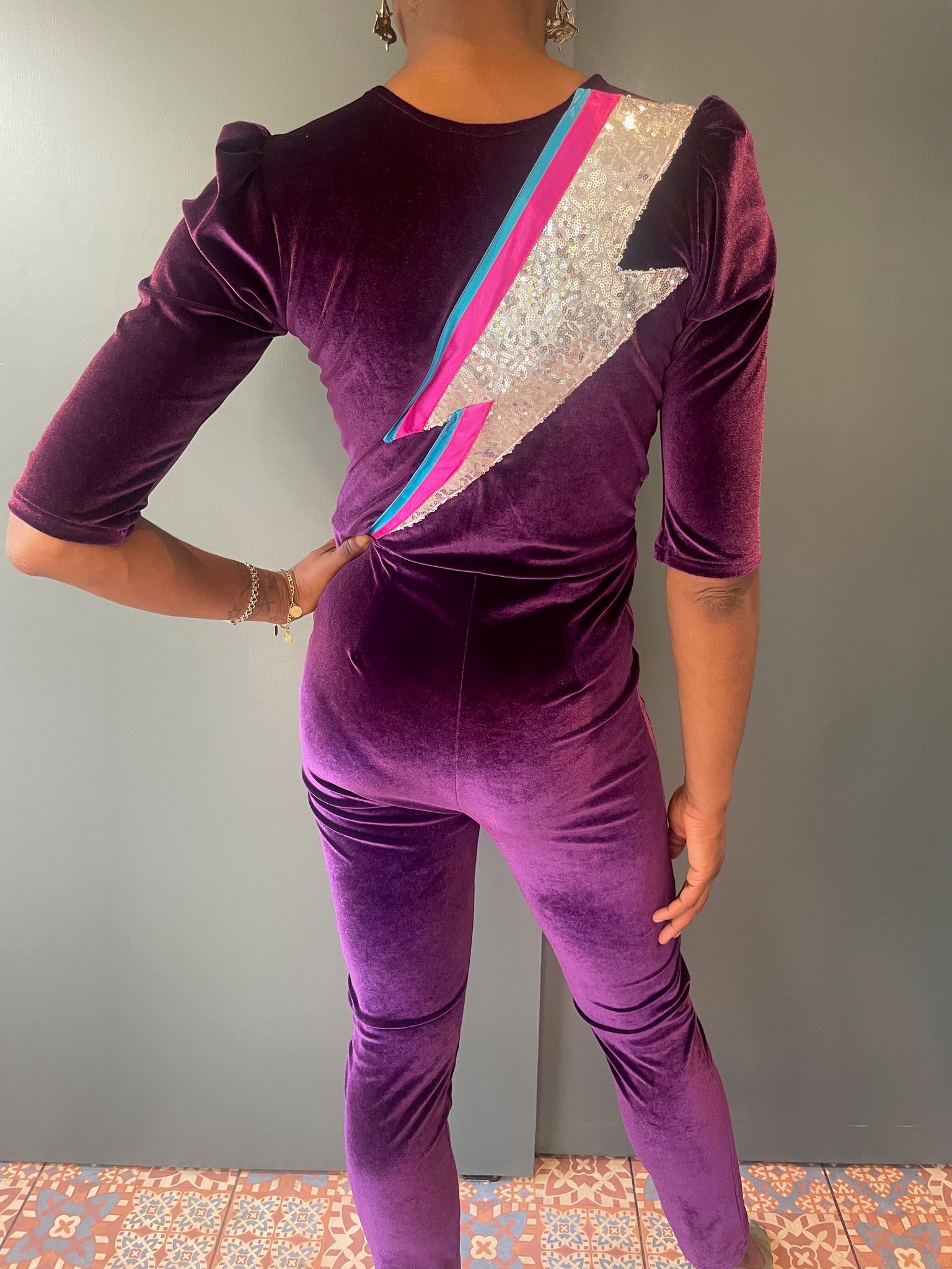 Purple Jumpsuit with Ziggy zap detail - back view close up