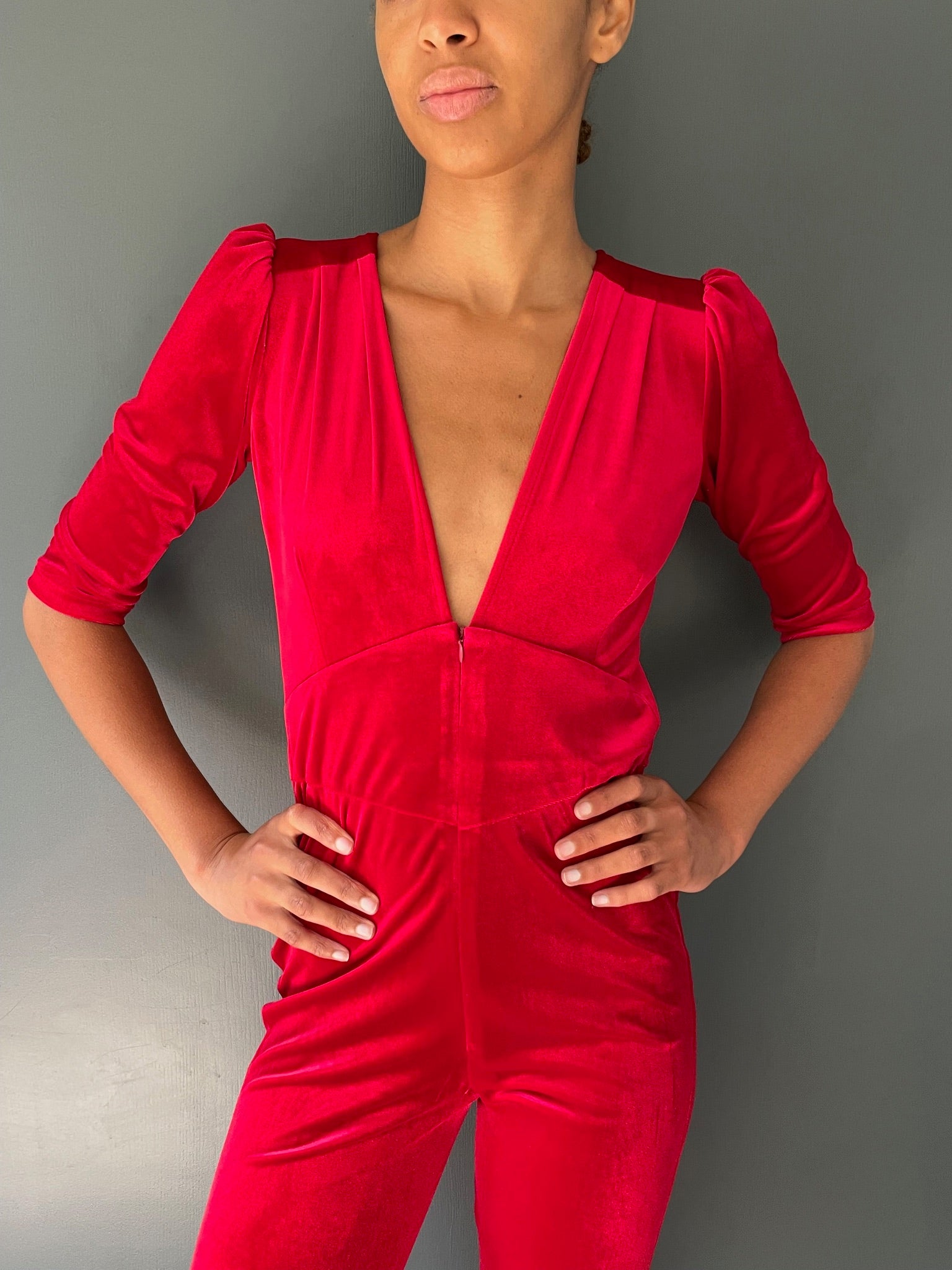 Ziggy Stardust Velvet Jumpsuit in red - front close up