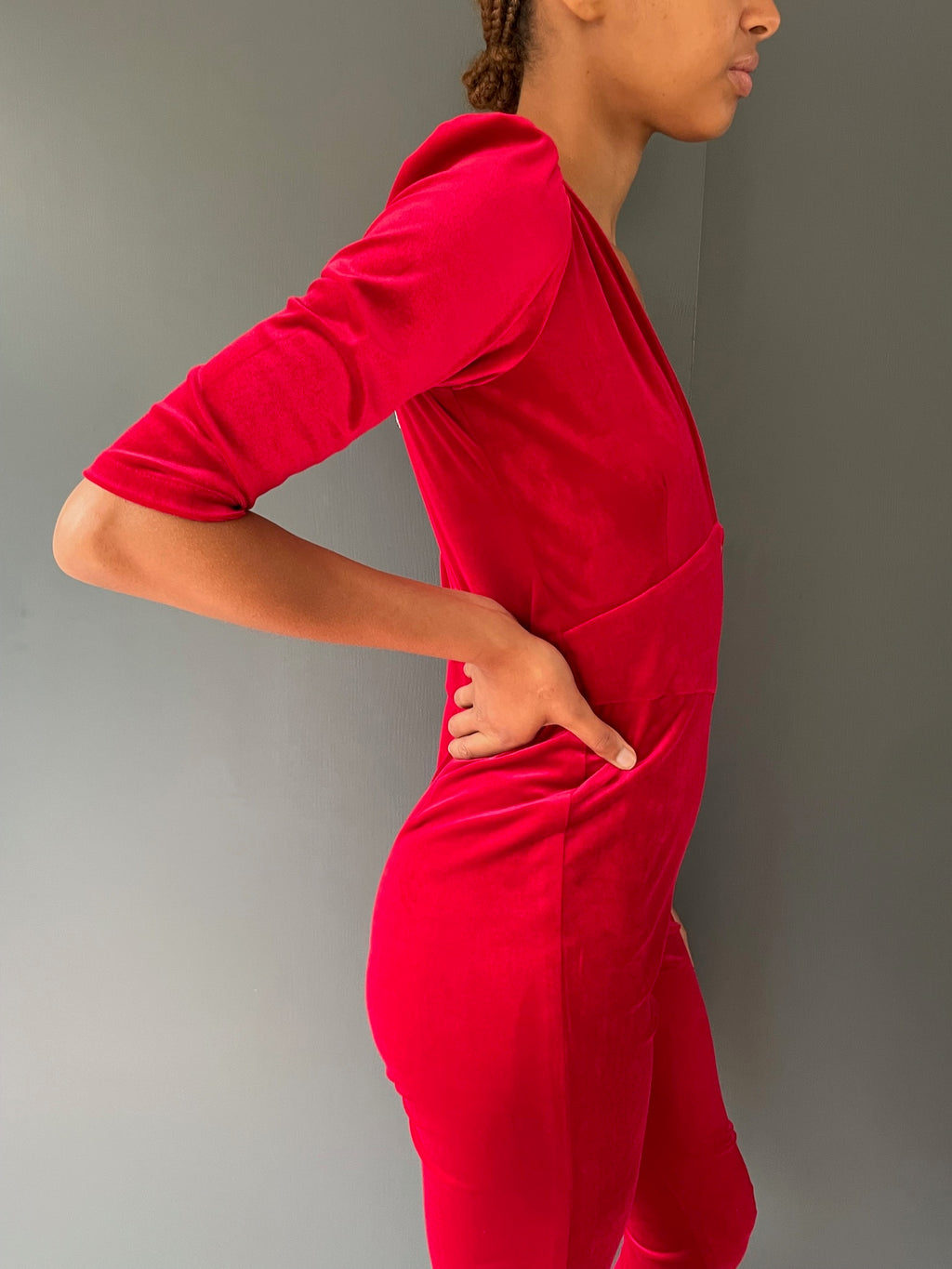 Ziggy Stardust Velvet Jumpsuit in red - side view close up
