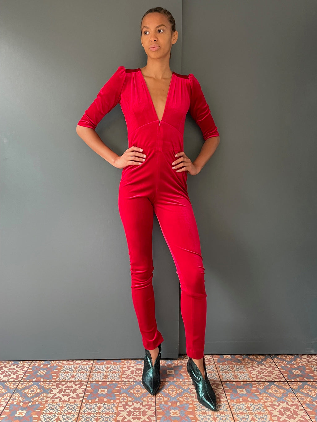 Ziggy Stardust Velvet Jumpsuit in red - full front
