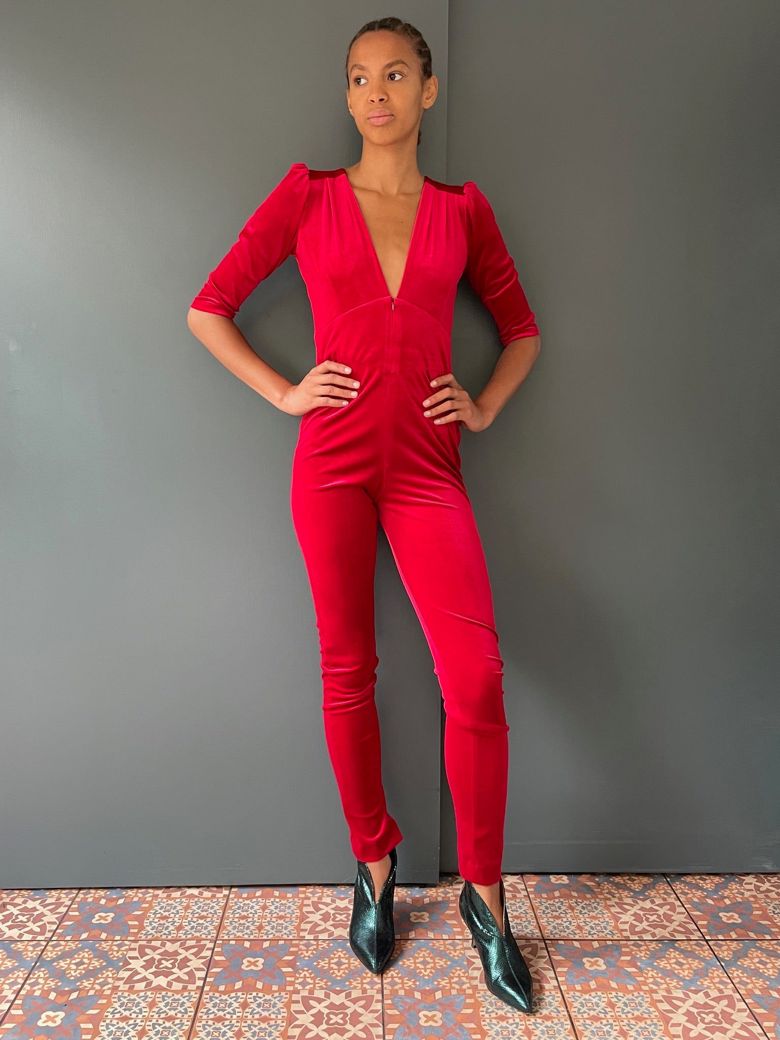 Ziggy Stardust Velvet Jumpsuit in red - full front