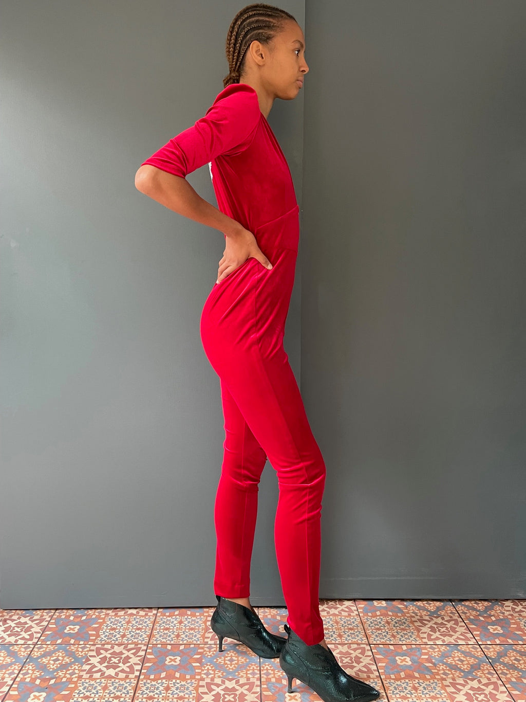Ziggy Stardust Velvet Jumpsuit in red - full side view