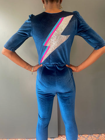 Ziggy Jumpsuit in Sapphire Blue Velvet with Sequin Zap