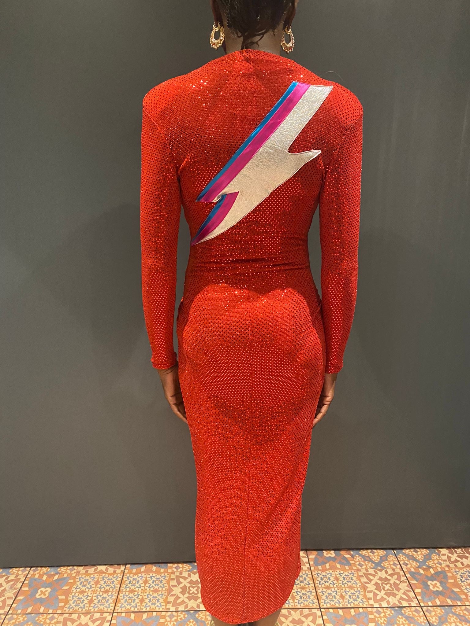 Red Sequin Dress with Ziggy zap - back view with zap detail