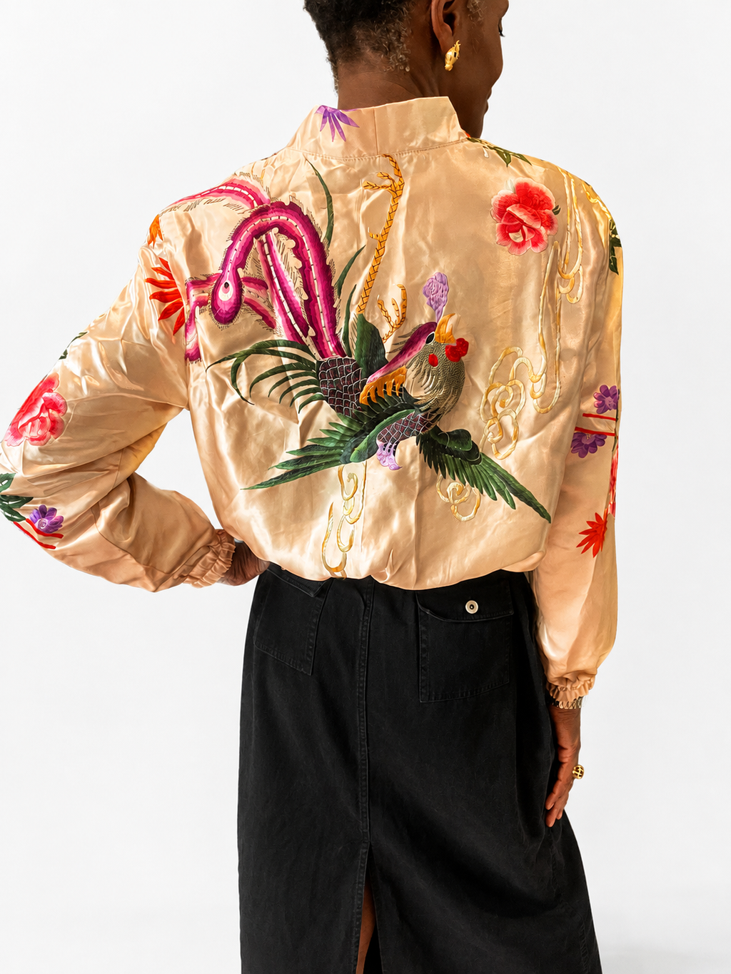 Champagne Embroidered Kimono Silk Bomber Jacket