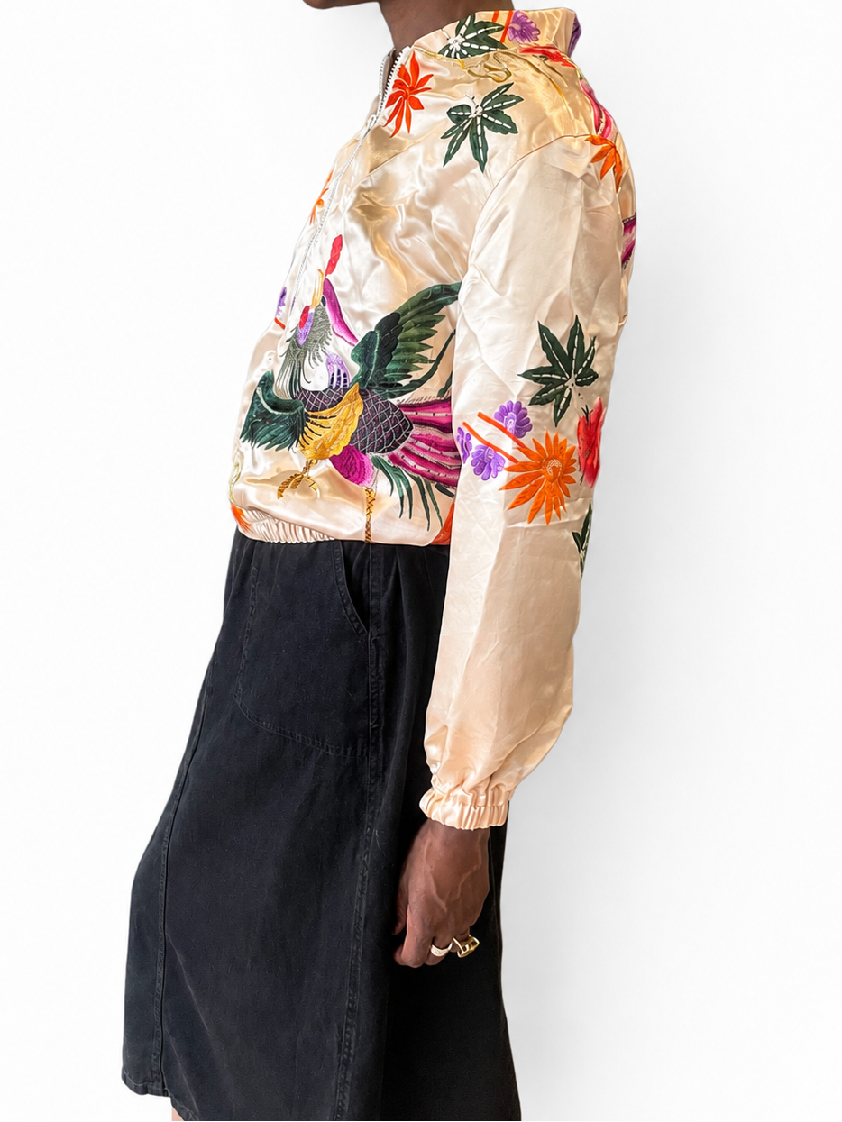Champagne Embroidered Kimono Silk Bomber Jacket