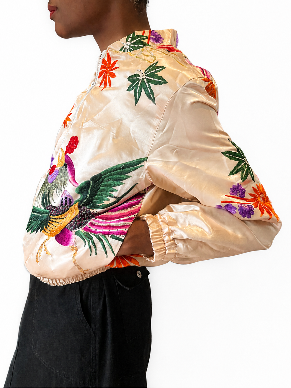 Champagne Embroidered Kimono Silk Bomber Jacket
