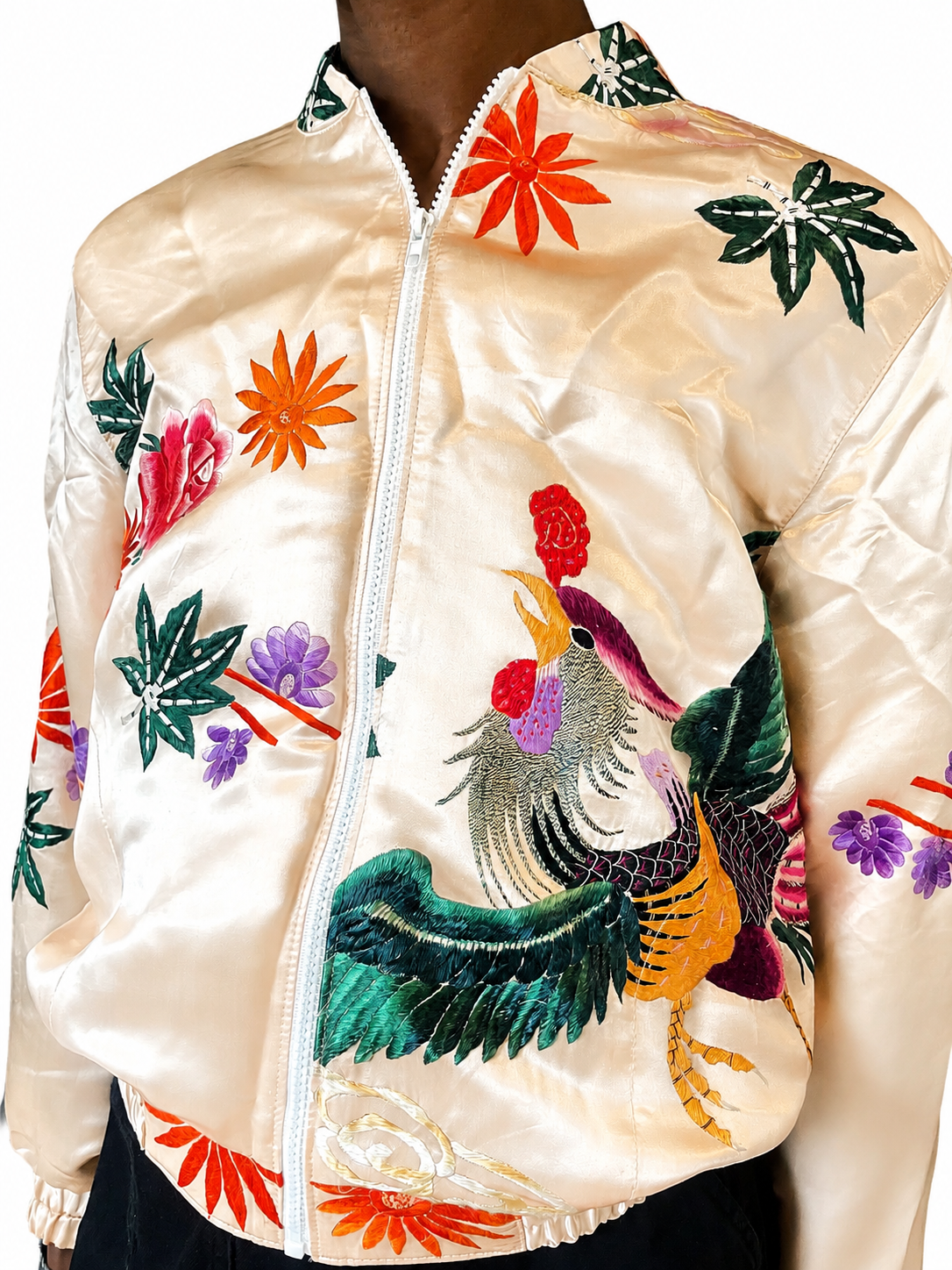 Champagne Embroidered Kimono Silk Bomber Jacket