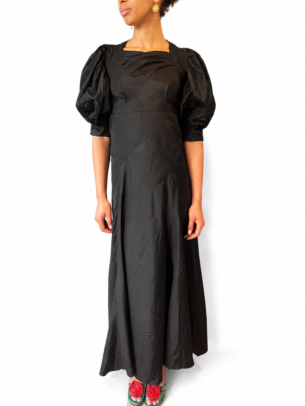 1920s/30s Black Silk Puff Sleeve Gown