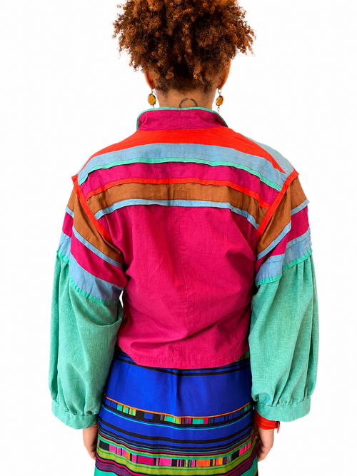 1980s Acey Overseas Pink & Turquoise Balloon Sleeve Summer Jacket