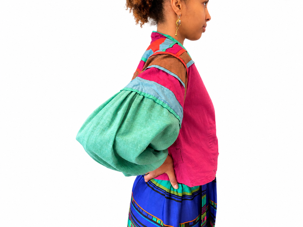 1980s Acey Overseas Pink & Turquoise Balloon Sleeve Summer Jacket