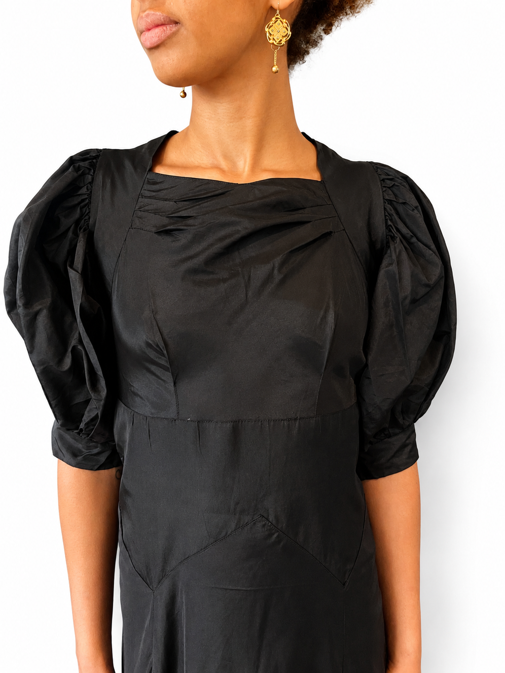 1920s/30s Black Silk Puff Sleeve Gown