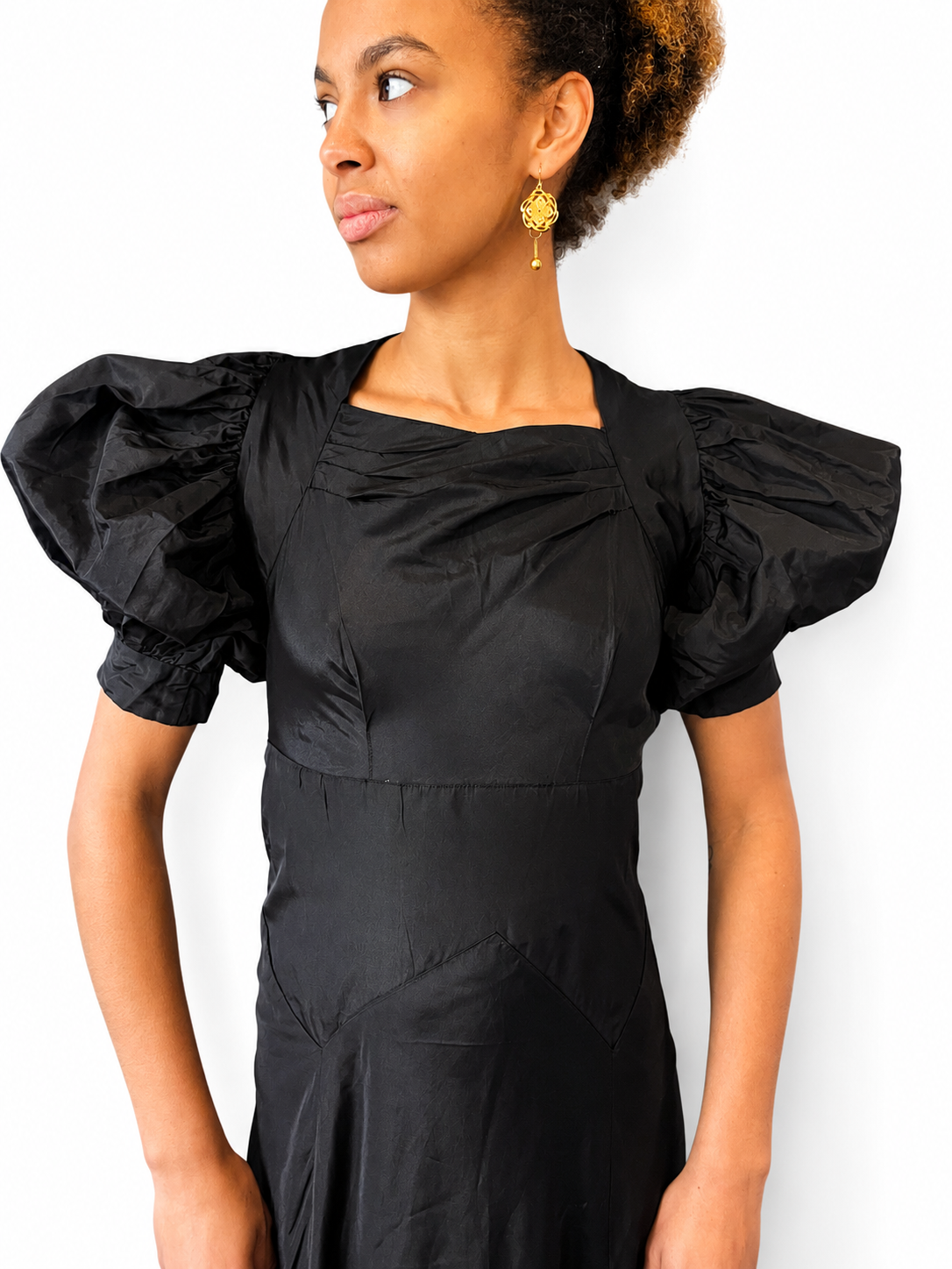 1920s/30s Black Silk Puff Sleeve Gown