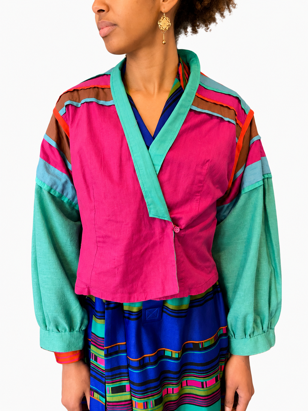1980s Acey Overseas Pink & Turquoise Balloon Sleeve Summer Jacket