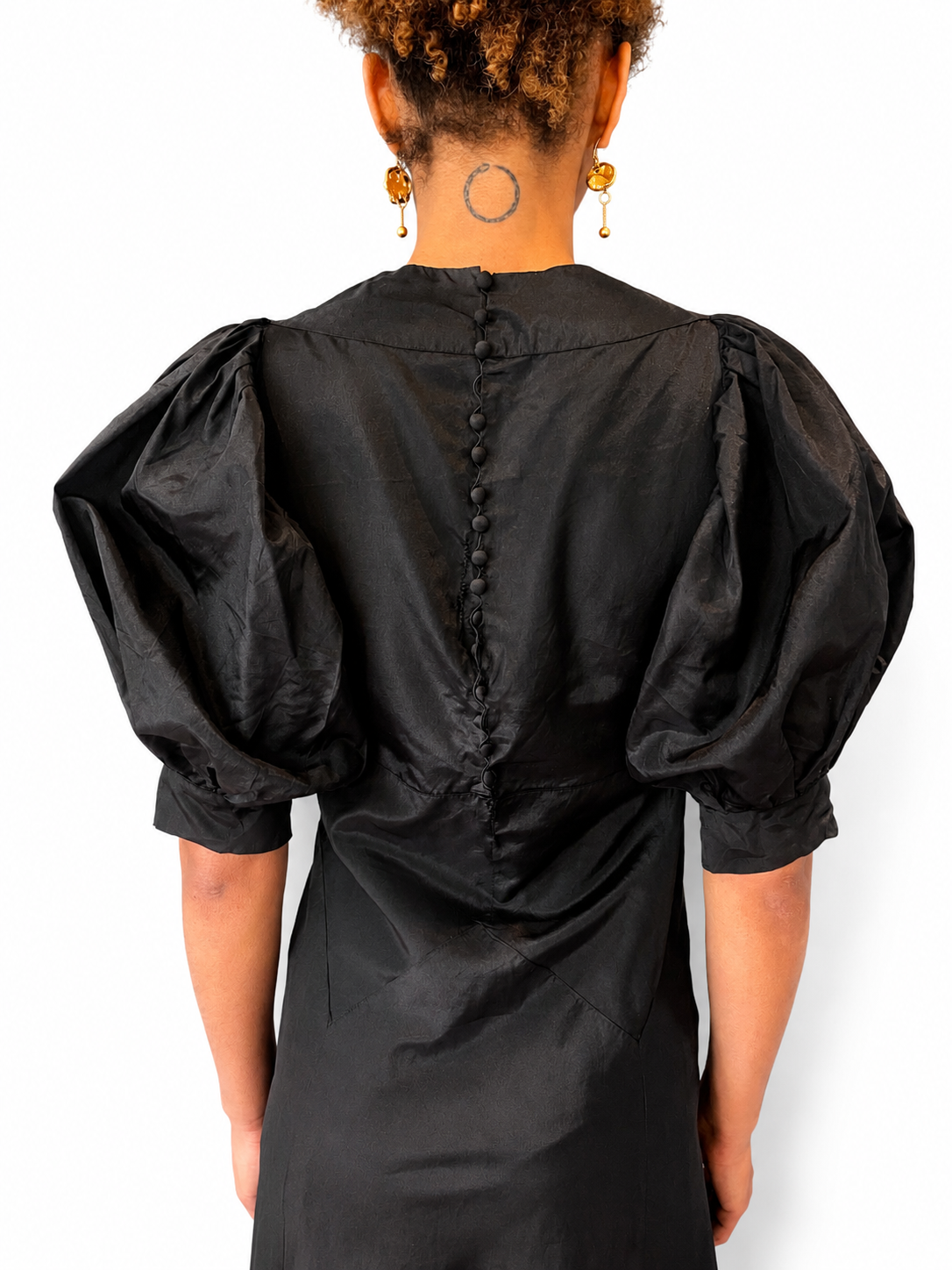 1920s/30s Black Silk Puff Sleeve Gown