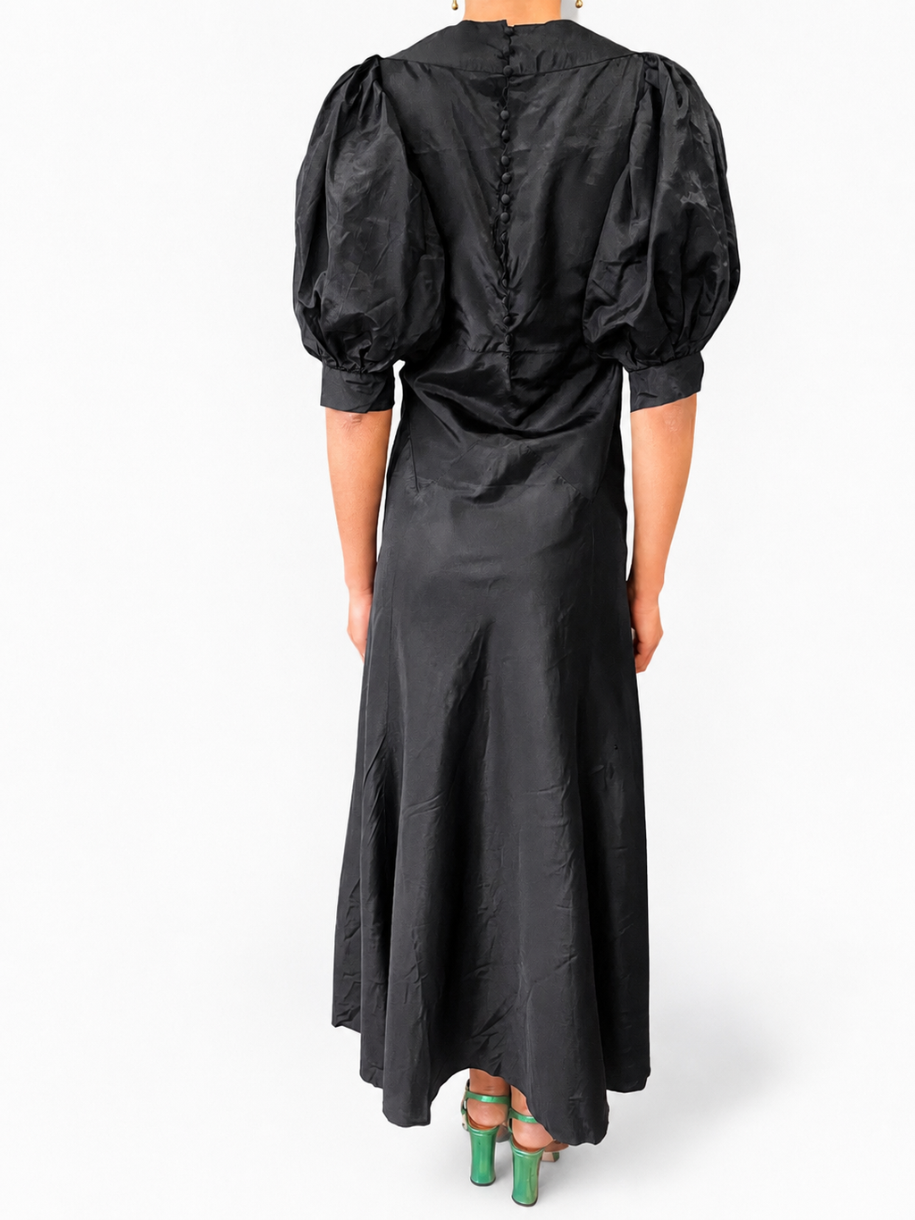 1920s/30s Black Silk Puff Sleeve Gown