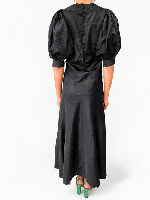 1920s/30s Black Silk Puff Sleeve Gown