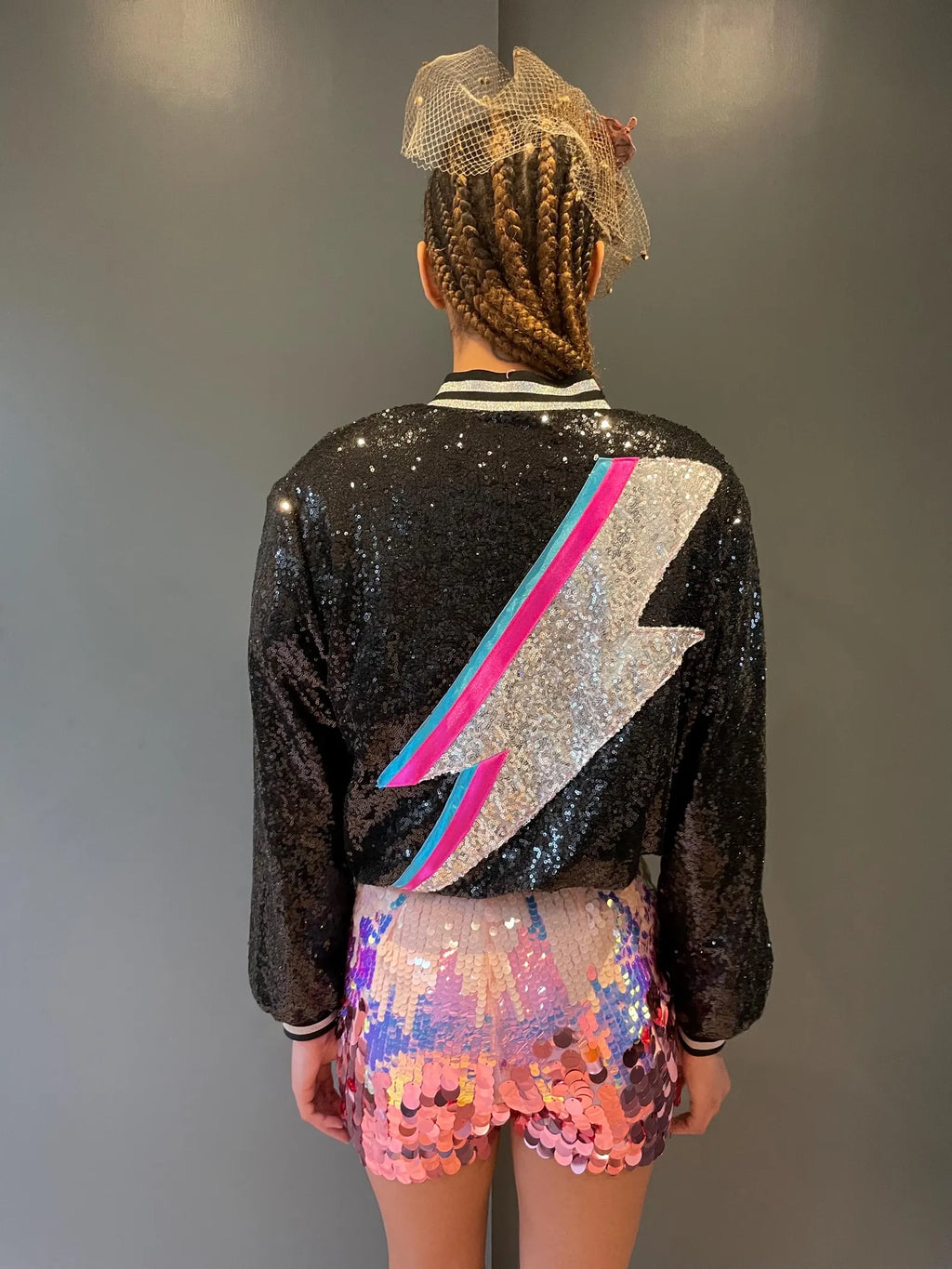 Black Sequin Zappy Bomber Jacket