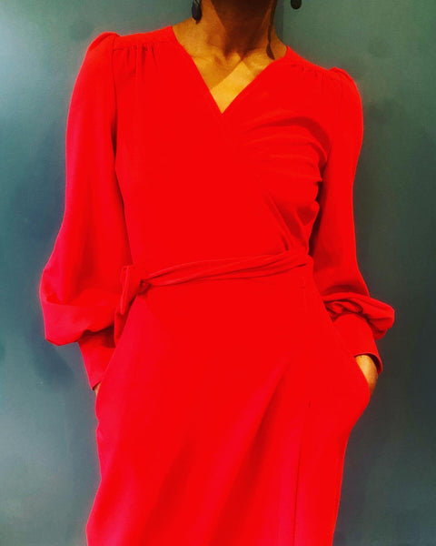 Ossie Wrap Dress with pockets in Red Crepe