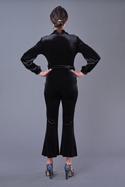 Fifi Jumpsuit in Black Velvet with Belt