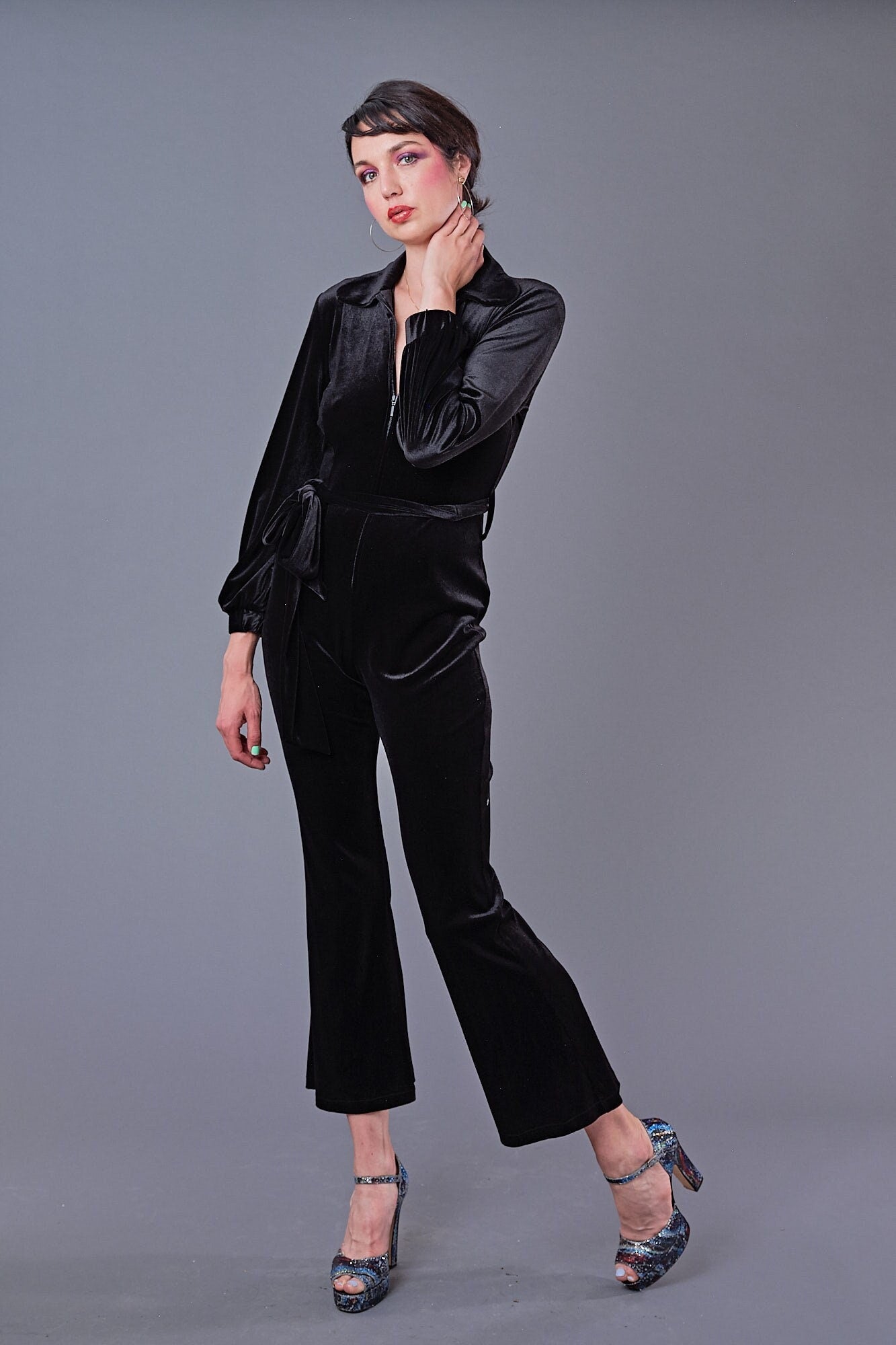 Fifi Jumpsuit in Black Velvet with Belt