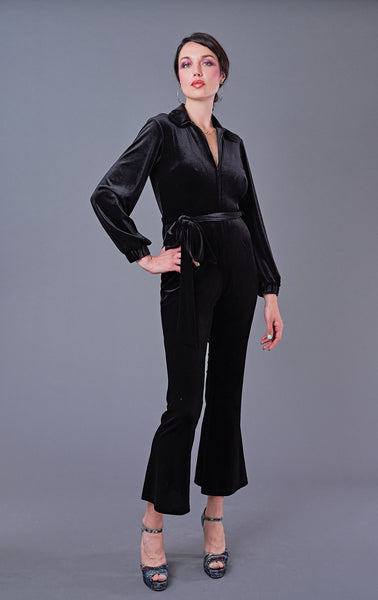 Fifi Jumpsuit in Black Velvet with Belt