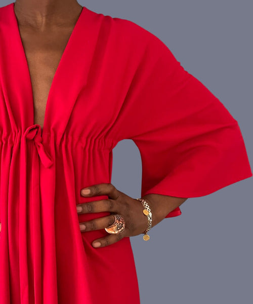 Madame B maxi dress in red crepe with pockets