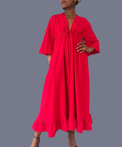 Madame B maxi dress in red crepe with pockets