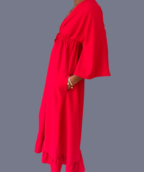 Madame B maxi dress in red crepe with pockets