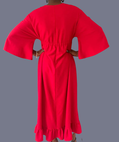 Madame B maxi dress in red crepe with pockets