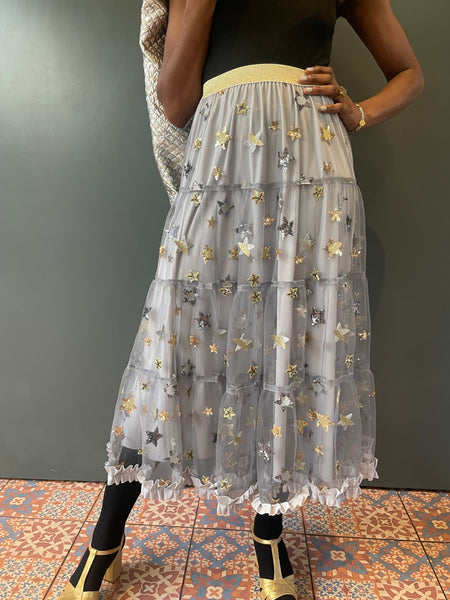 Vivienne Maxi Tiered Skirt with sequin stars  embroidered on Grey tulle netting