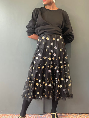 Vivienne Maxi Tiered  Star Skirt with sequins in Black