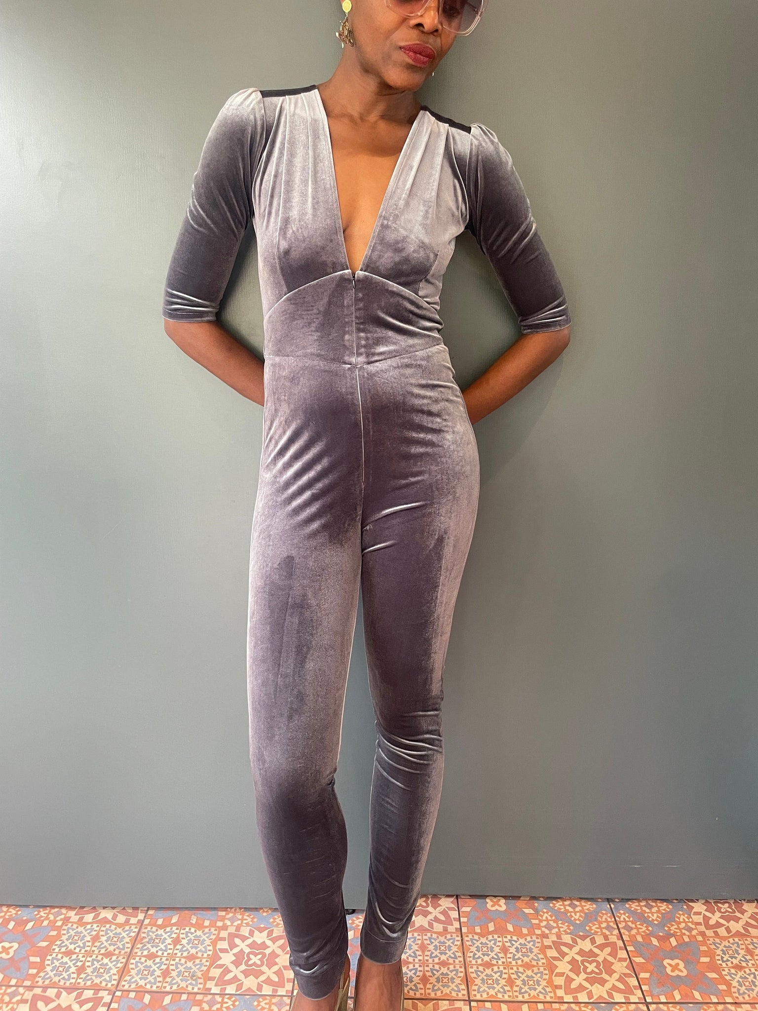 Ziggy Jumpsuit in Silver Velvet | 1970s Vintage Style