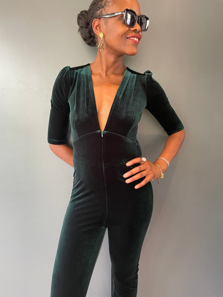 Ziggy Jumpsuit in Green Velvet | 1970s Vintage Style