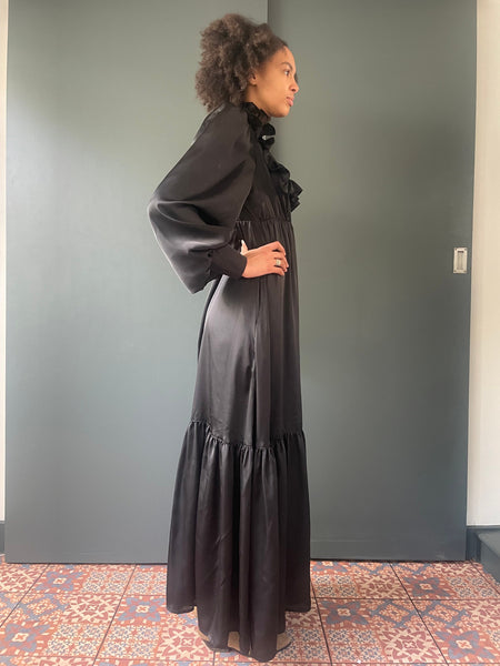 Prairie Dress in black silk satin with pockets