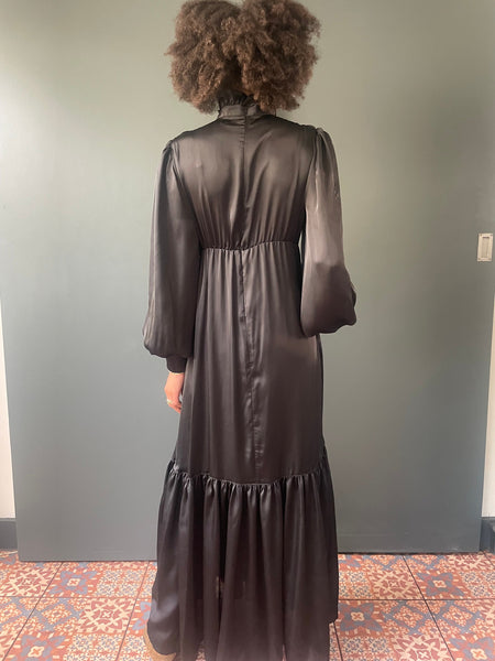 Prairie Dress in black silk satin with pockets