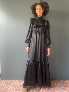 Prairie Dress in black silk satin with pockets