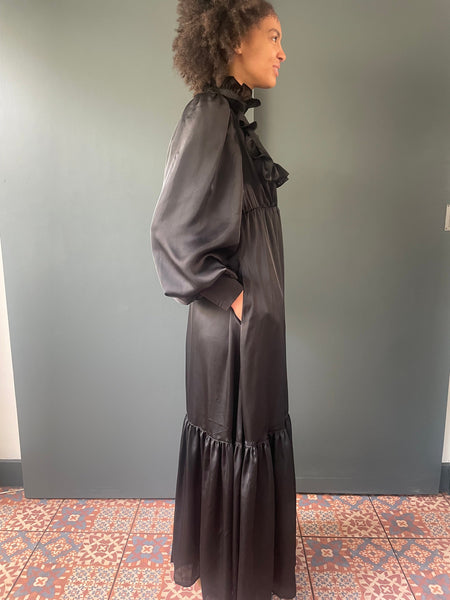 Prairie Dress in black silk satin with pockets