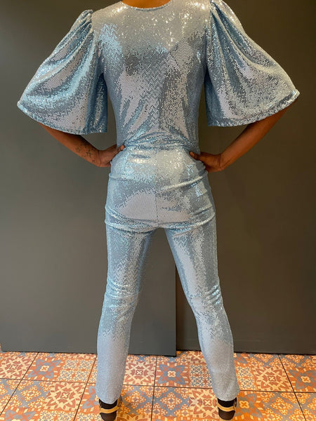 Sophie B Long Sleeve Pale Blue Sequin Jumpsuit