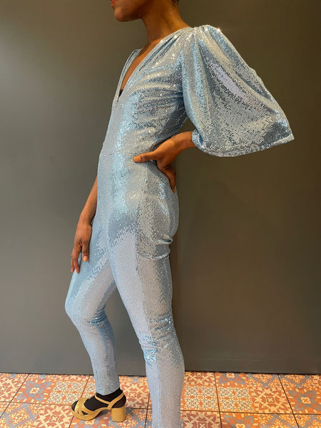 Sophie B Long Sleeve Pale Blue Sequin Jumpsuit