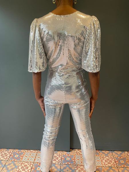 Sophie B Long Sleeve Silver Sequin Jumpsuit