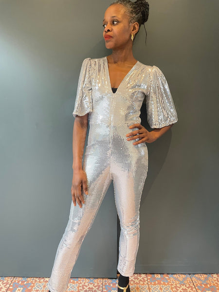 Sophie B Long Sleeve Silver Sequin Jumpsuit