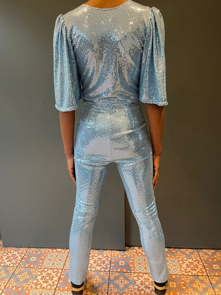 Sophie B Long Sleeve Pale Blue Sequin Jumpsuit