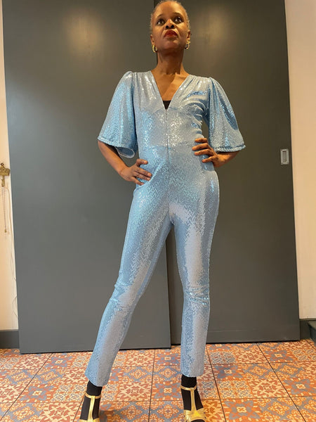 Sophie B Long Sleeve Pale Blue Sequin Jumpsuit