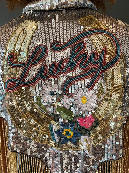 Lucky Silver and Gold sequinned cape with horseshoe detail